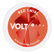 Front view of a can of VOLT Red Swirl Slim nicotine pouches