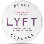 Front view of a can of LYFT Black Currant Strong Slim nicotine pouches