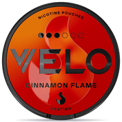 Front view of a can of VELO Cinnamon Flame Slim Strong nicotine pouches