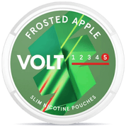 Front view of a can of VOLT Frosted Apple Slim Super Strong nicotine pouches