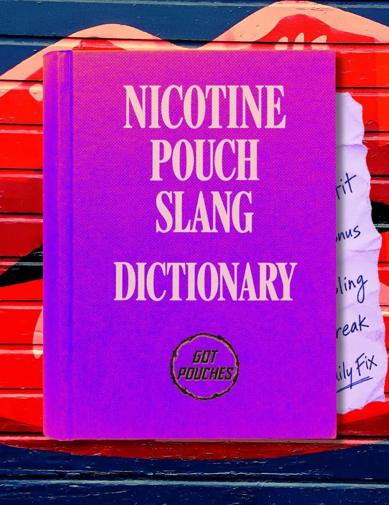 purple book with the text "nicotine pouch slang dictionary" on with a page sticking out