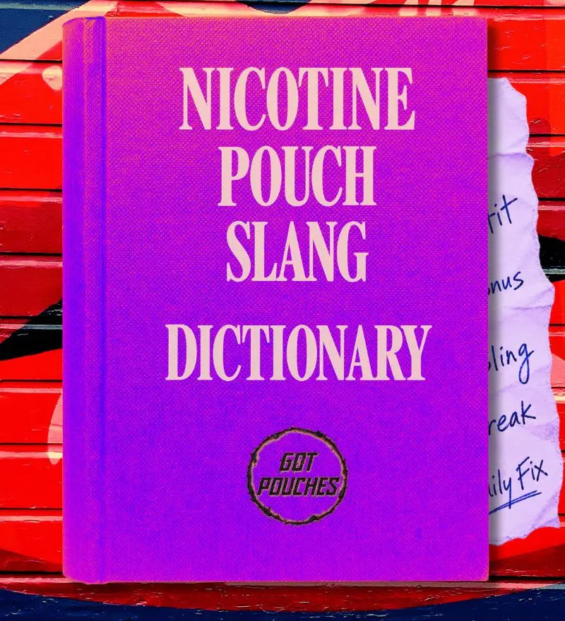 purple book with the text "nicotine pouch slang dictionary" on with a page sticking out