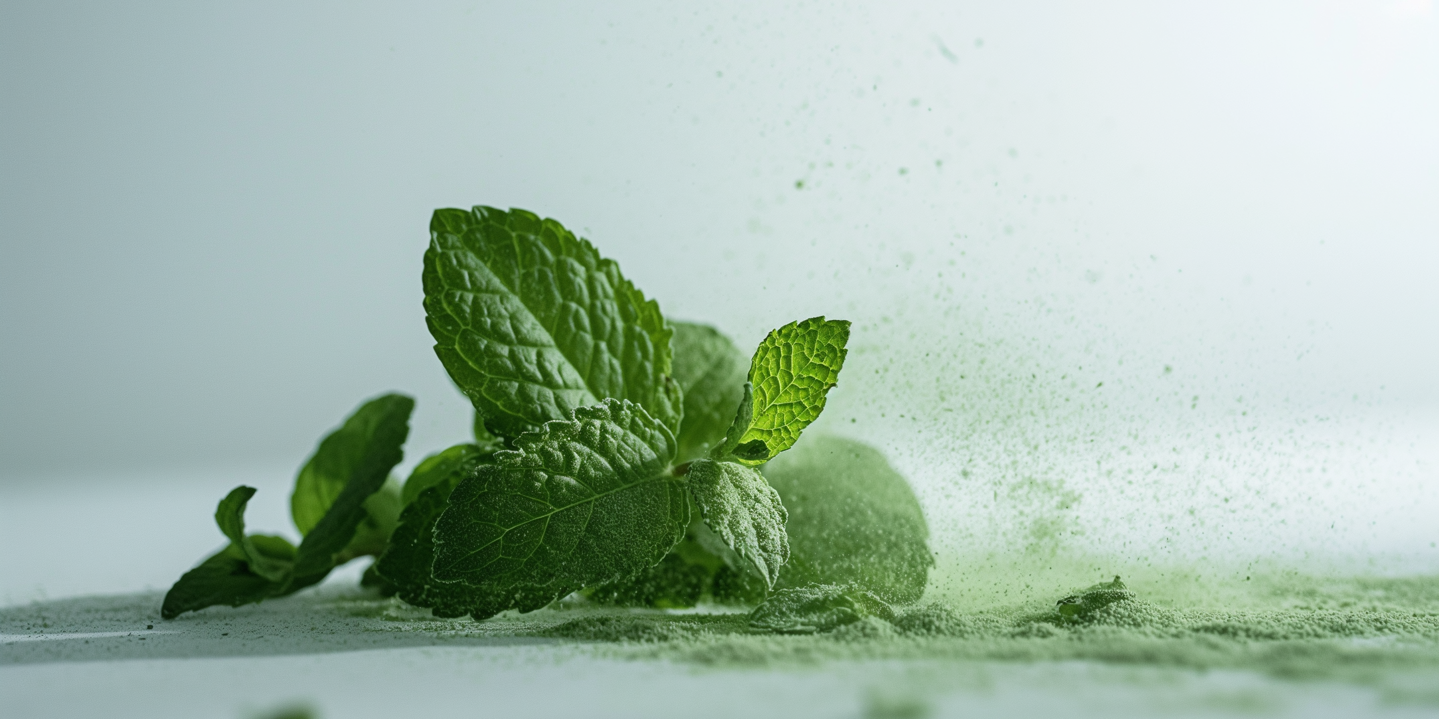 green mint leaves with green dust under them on a white table