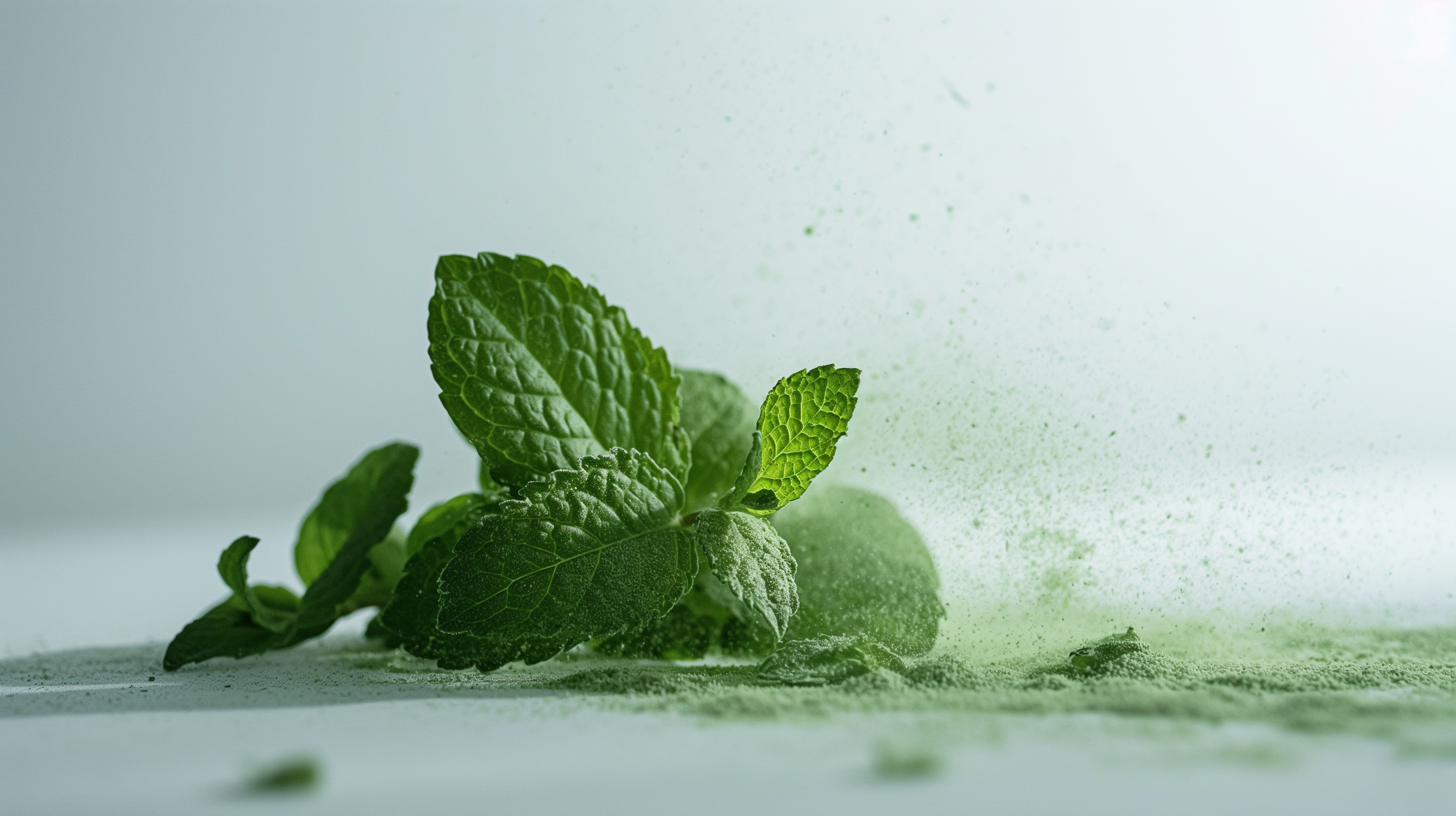 green mint leaves with green dust under them on a white table
