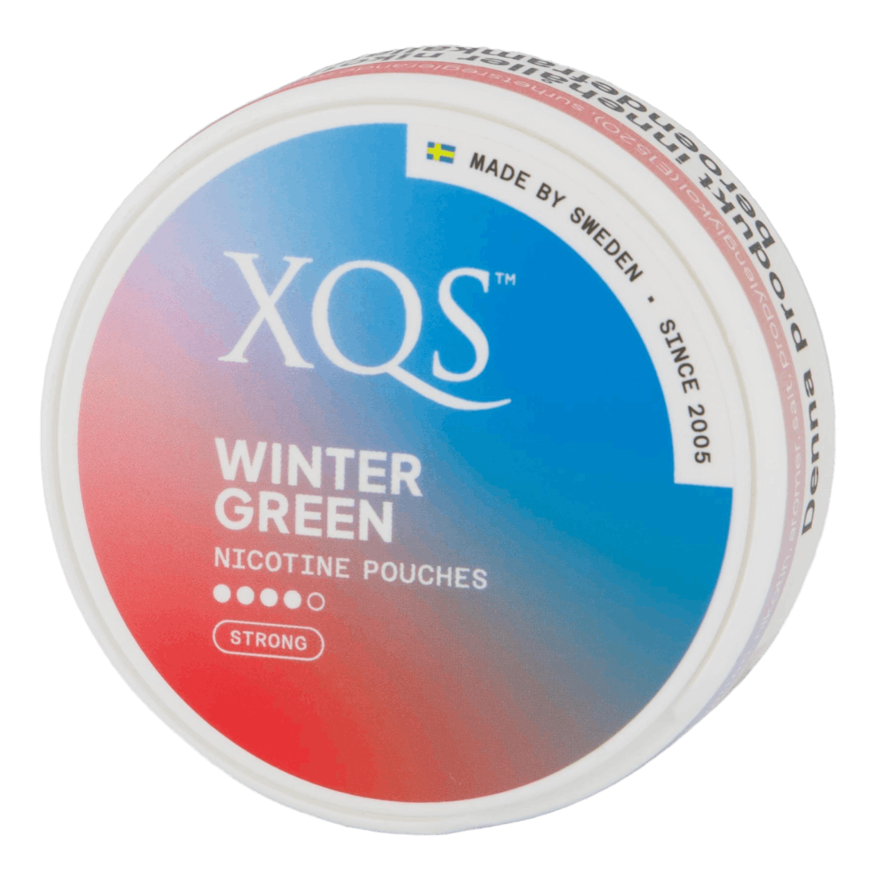 Front view of a can of XQS Wintergreen Strong nicotine pouches