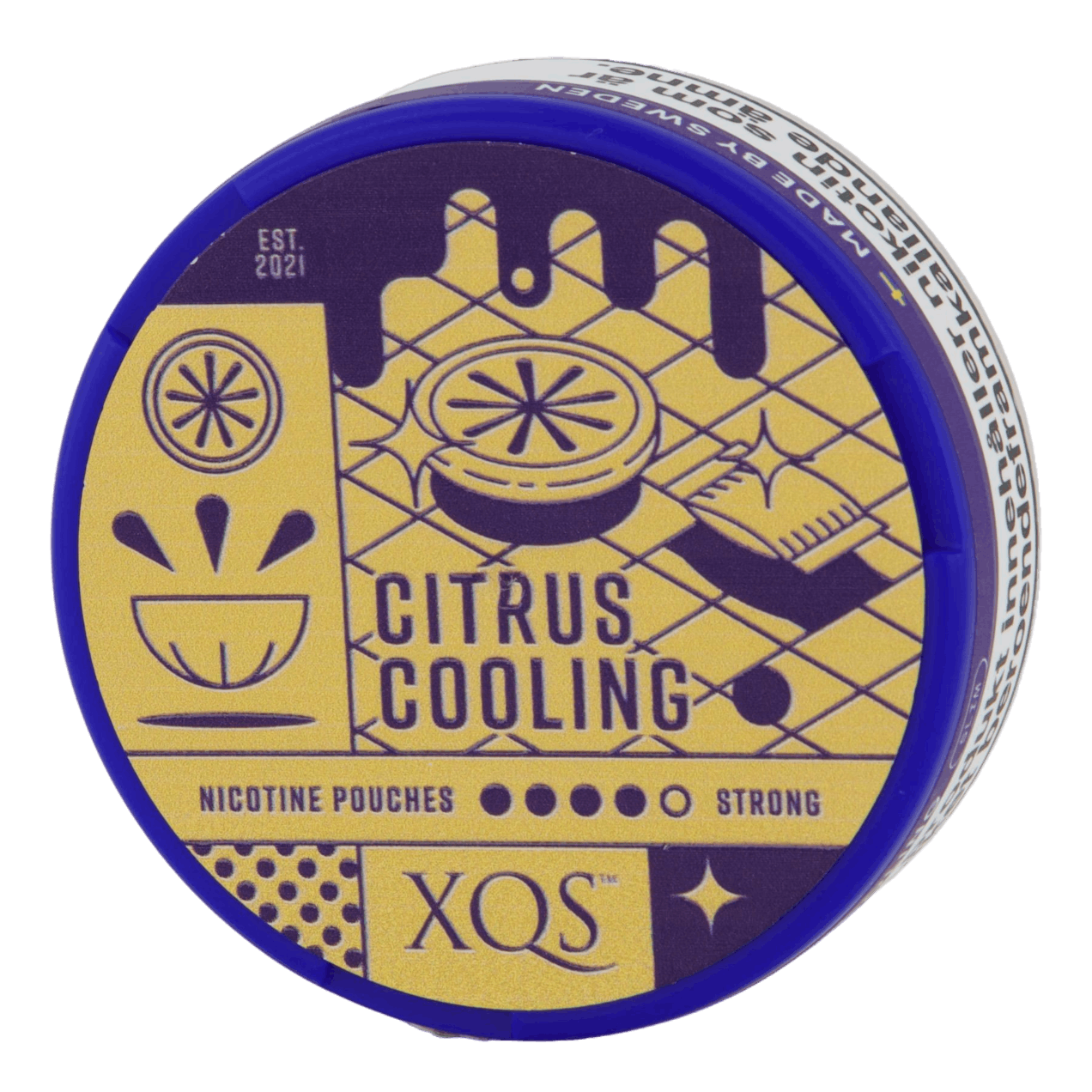 Front view of a can of XQS Citrus Cooling Strong nicotine pouches