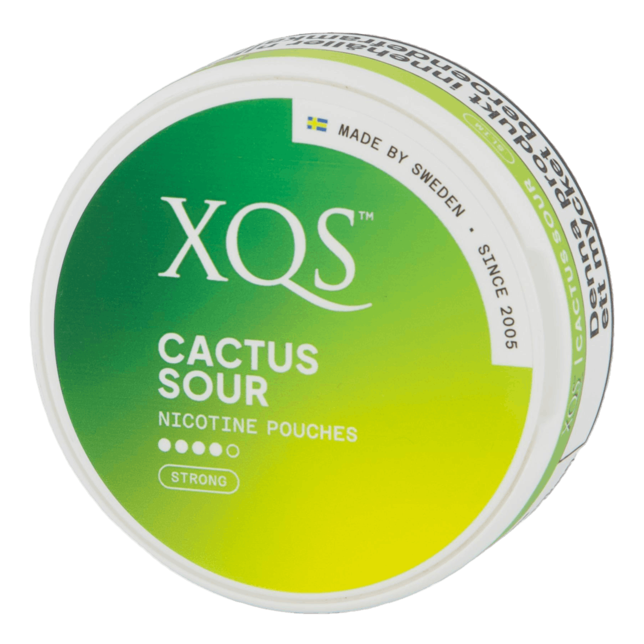 Front view of a can of XQS Cactus Sour Strong nicotine pouches