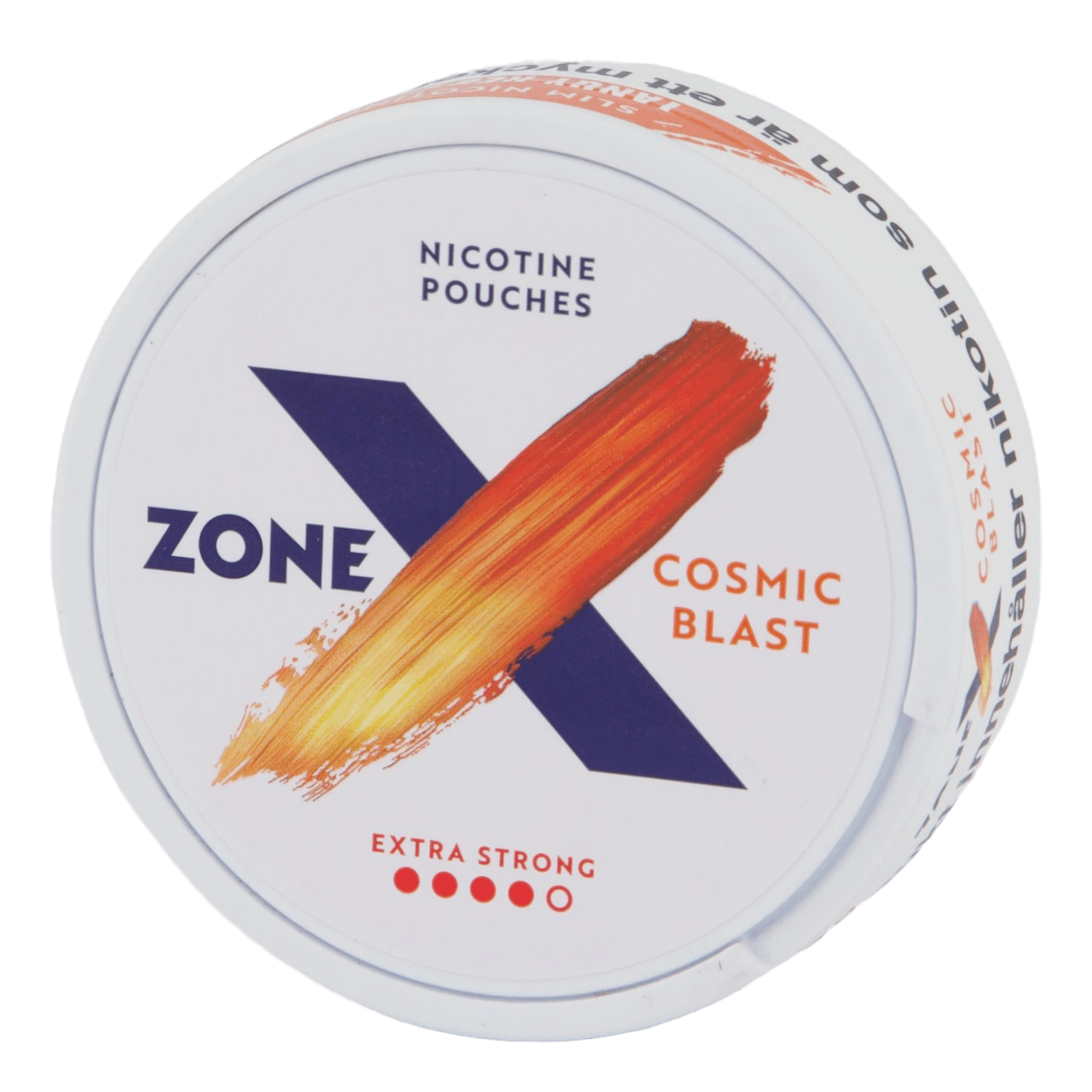 Front view of a can of ZONE X Cosmic Blast Extra Strong nicotine pouches