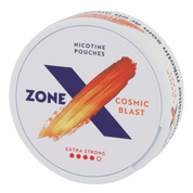 Front view of a can of ZONE X Cosmic Blast Extra Strong nicotine pouches