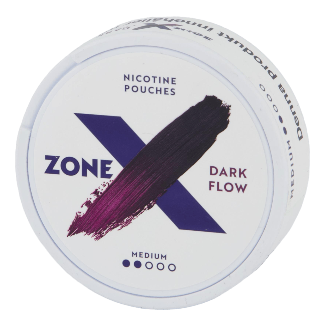 Front view of a can of ZONE X Dark Flow Medium nicotine pouches