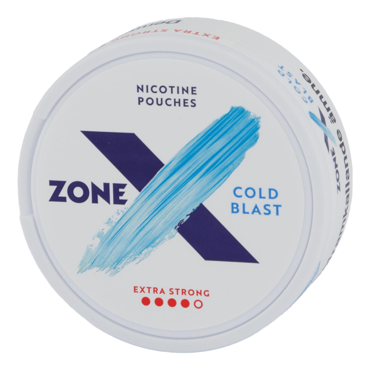 Front view of a can of ZONE X Cold Blast Extra Strong nicotine pouches