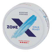 Front view of a can of ZONE X Cold Blast Extra Strong nicotine pouches