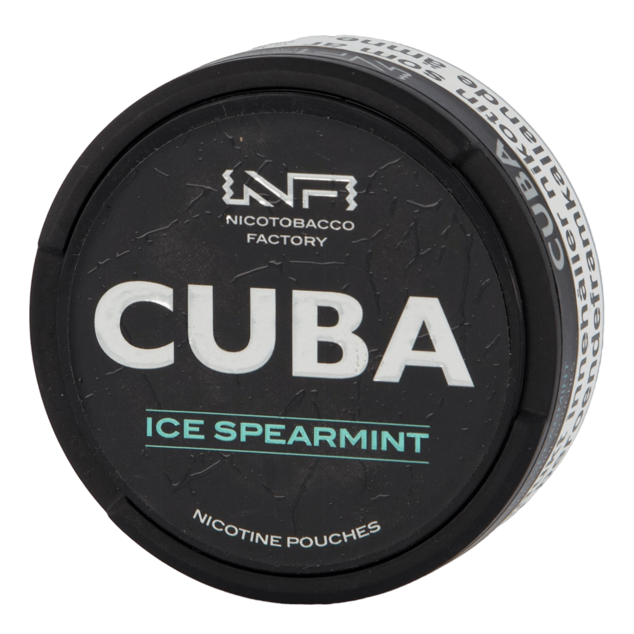 Front view of a can of CUBA Black Ice Spearmint nicotine pouches