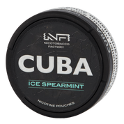 Front view of a can of CUBA Black Ice Spearmint nicotine pouches