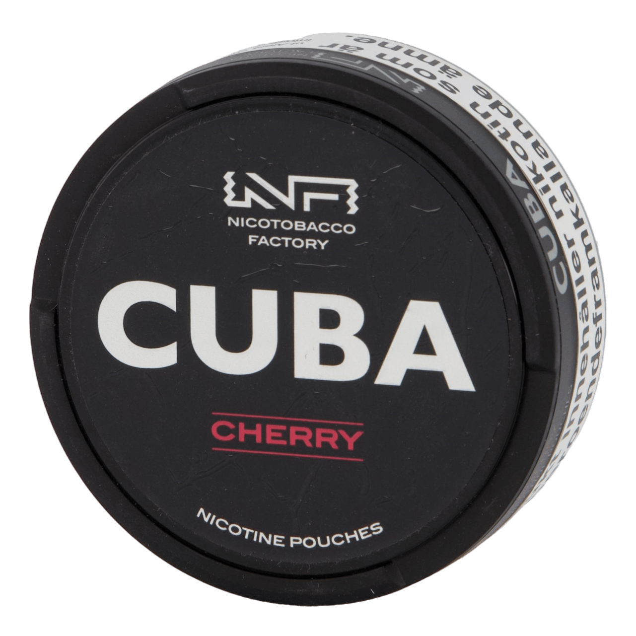 Front view of a can of CUBA Black Cherry nicotine pouches