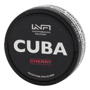 Front view of a can of CUBA Black Cherry nicotine pouches