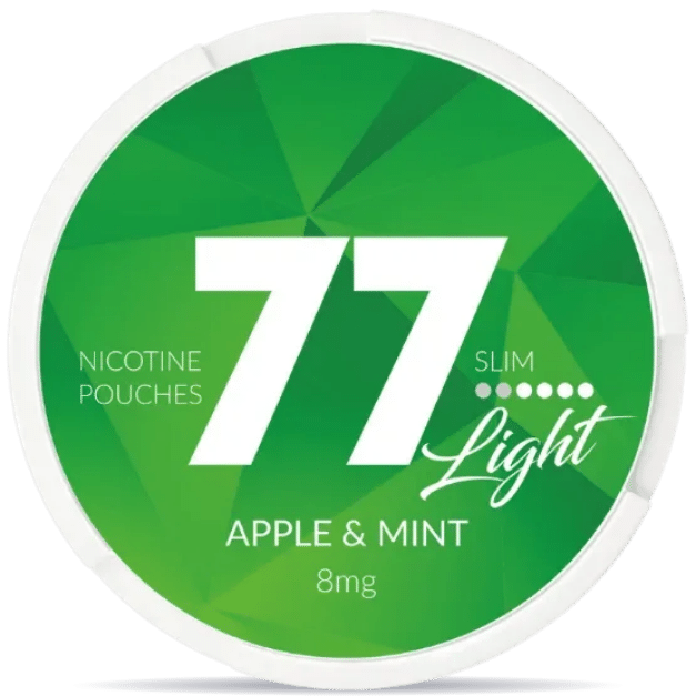 Front view of a can of 77 Apple Mint 4mg nicotine pouches