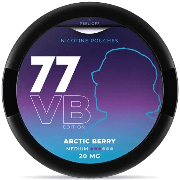 Front view of a can of 77 Arctic Berry nicotine pouches