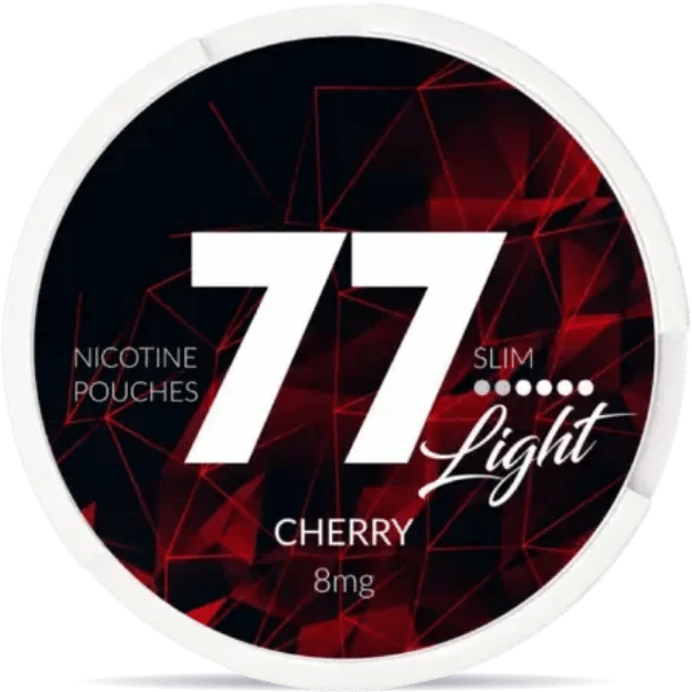 Front view of a can of 77 Cherry Slim Light 4mg nicotine pouches