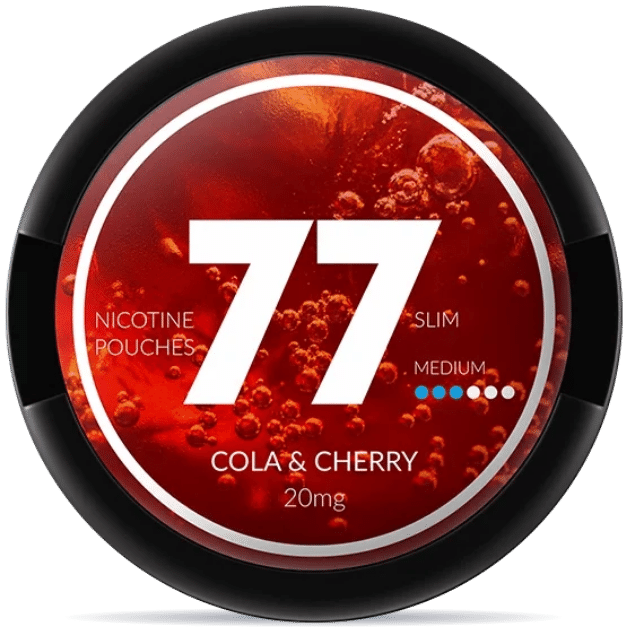 Front view of a can of 77 Cola Cherry 20mg nicotine pouches