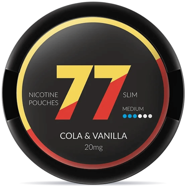 Front view of a can of 77 Cola Vanilla 20mg nicotine pouches