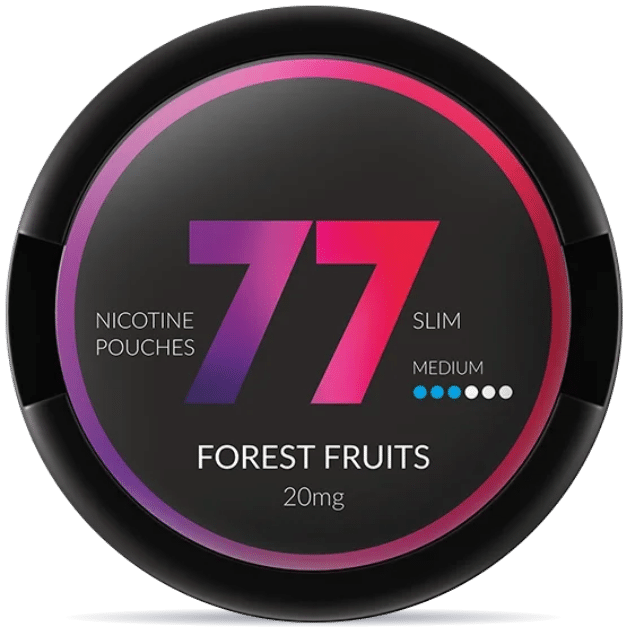 Front view of a can of 77 Forest Fruits 4mg nicotine pouches