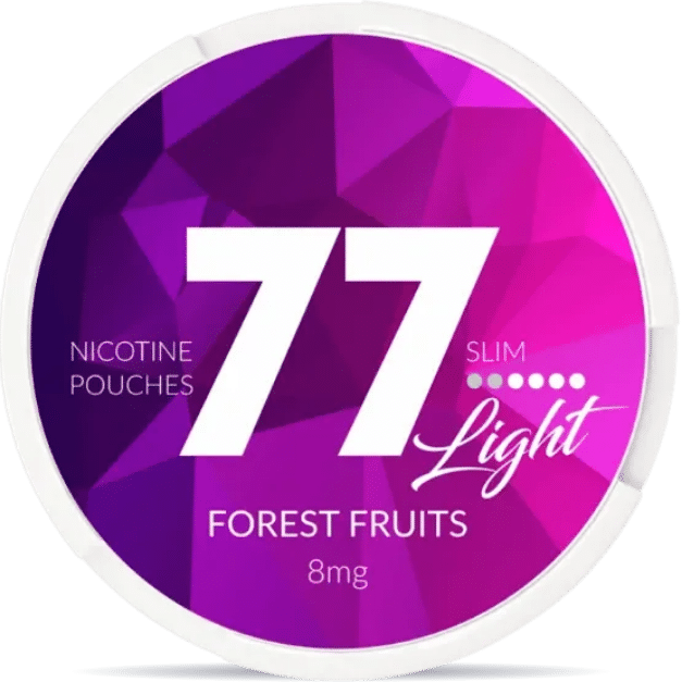 Front view of a can of 77 Forest Fruits 4mg nicotine pouches