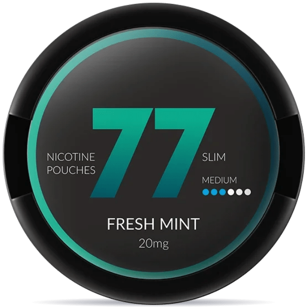 Front view of a can of 77 Fresh Mint 20mg nicotine pouches