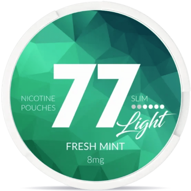 Front view of a can of 77 Fresh Mint 8mg nicotine pouches