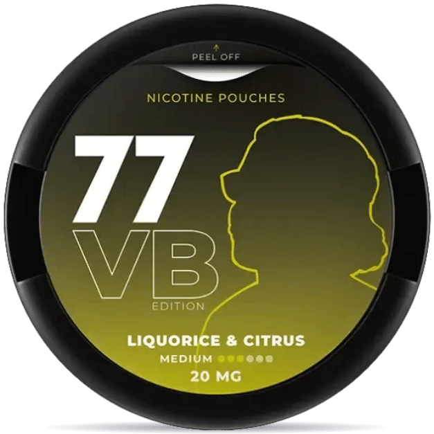 Front view of a can of 77 Licorice Citrus nicotine pouches