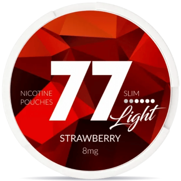 Front view of a can of 77 Strawberry 8mg nicotine pouches