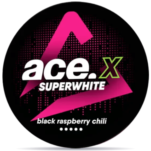 Front view of a can of ACE X Black Raspberry Chili nicotine pouches