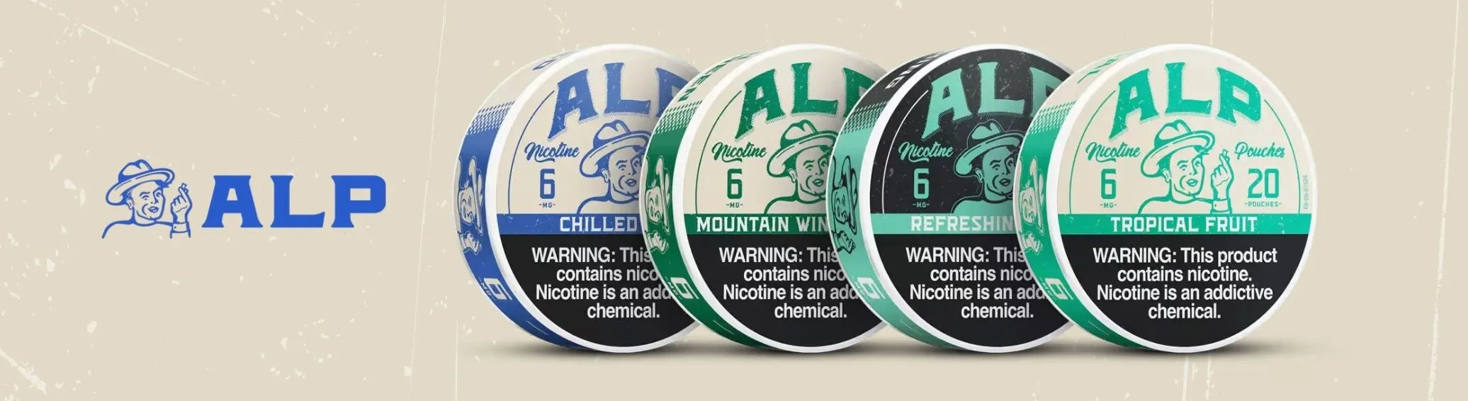 ALP nicotine pouches lineup with Chilled, Mountain Wintergreen, Refreshing Mint and Tropical Fruit flavors on neutral background