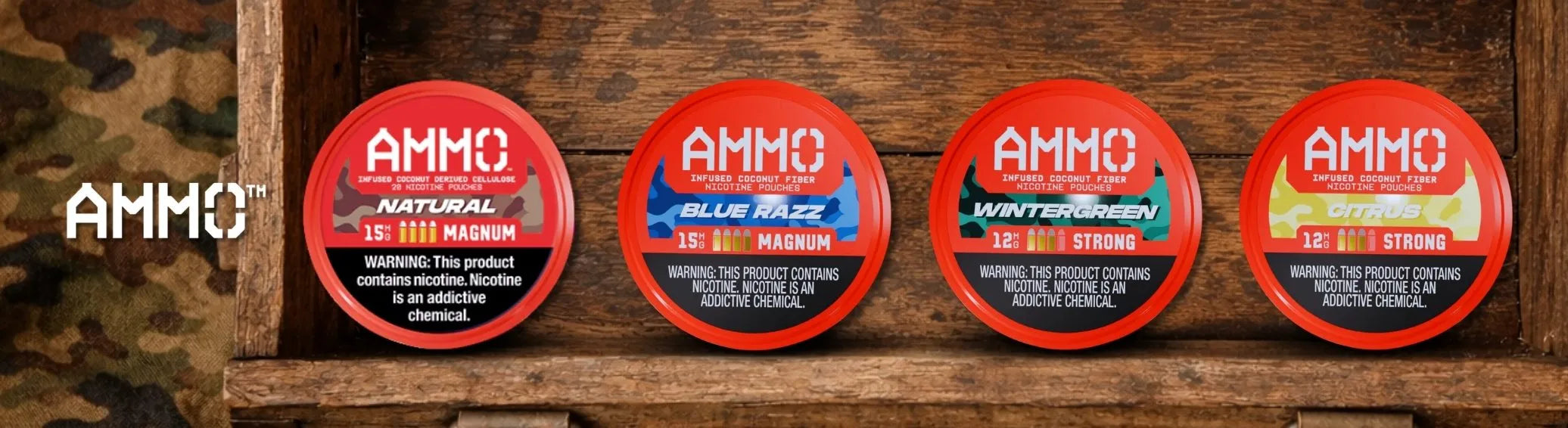 AMMO nicotine pouches lineup with Natural, Blue Razz, Wintergreen and Citrus flavors on rustic background