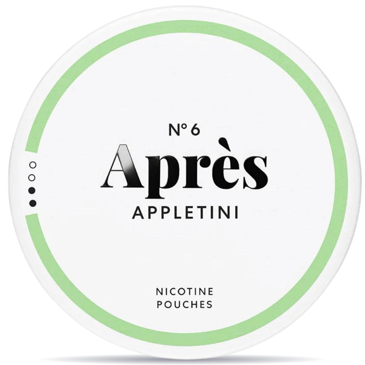 Front view of a can of Après No. 6 Appletini Normal Slim nicotine pouches