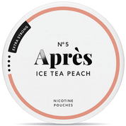 Front view of a can of Après No. 5 Ice Tea Peach Extra Strong nicotine pouches