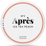 Front view of a can of Après No. 5 Ice Tea Peach Normal nicotine pouches