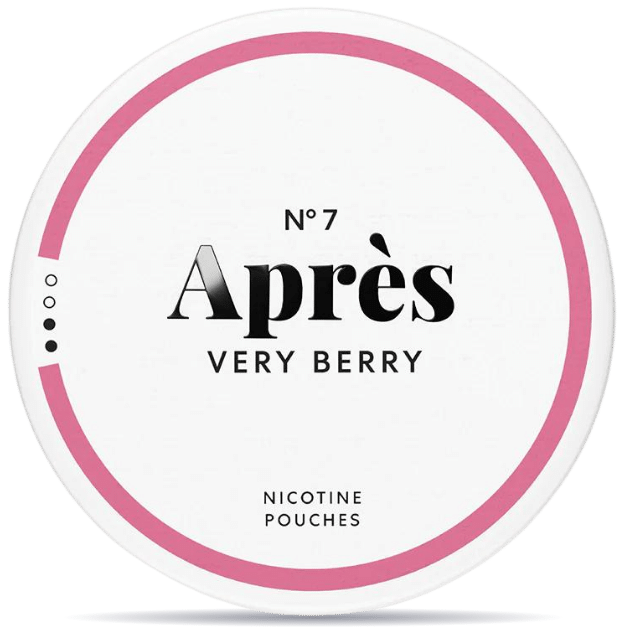 Front view of a can of Après No. 7 Very Berry Normal nicotine pouches