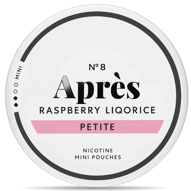 Front view of a can of Après No. 8 Raspberry Liqorice Petite Mini nicotine pouches