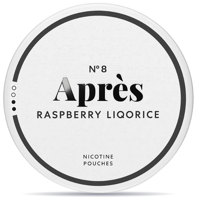 Front view of a can of Après No. 8 Raspberry Liqorice Normal nicotine pouches