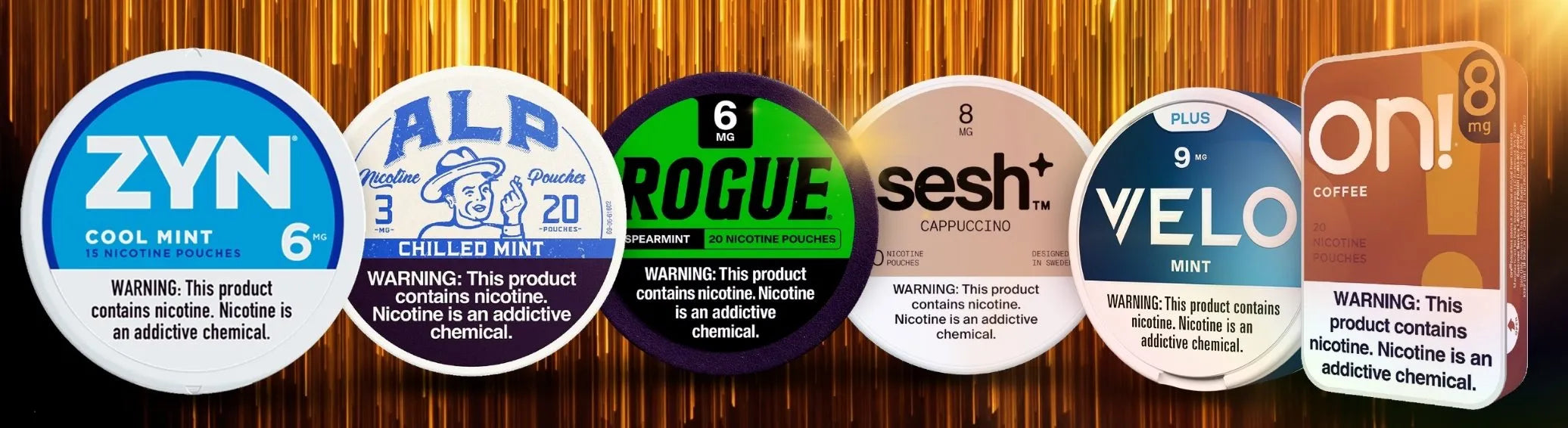 Bestselling Nicotine Pouches USA at GotPouches featuring ZYN, ALP, ROGUE, SESH+, VELO and ON! top selling pouch cans in multiple nicotine strengths