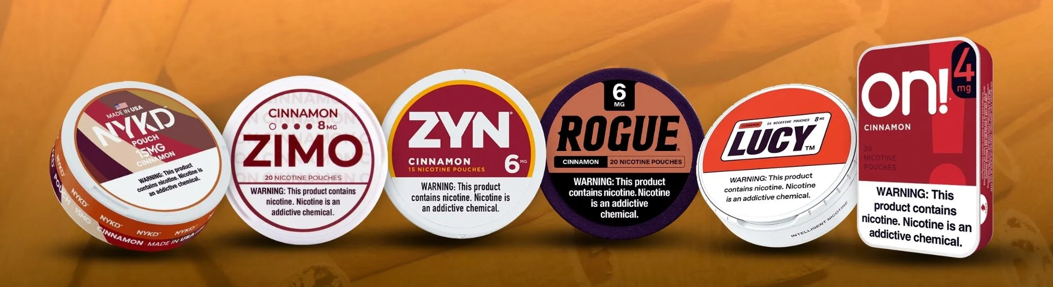 Cinnamon Nicotine Pouches USA at GotPouches featuring ZYN, ON!, LUCY, ROGUE, ZIMO and NYKD cinnamon pouch cans in multiple strengths