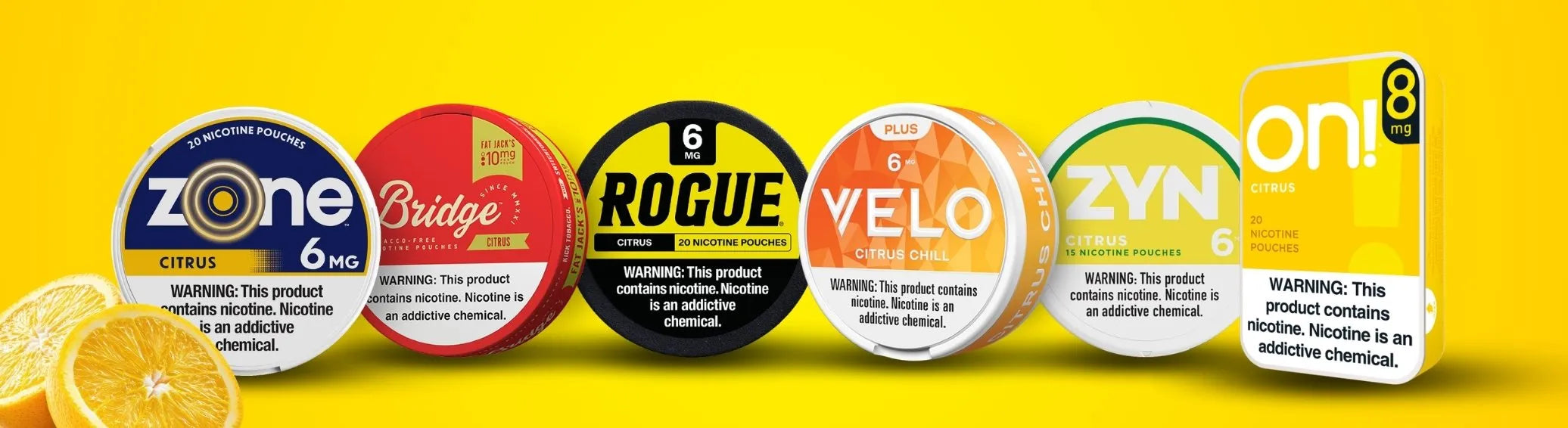 Citrus nicotine pouches in the USA from popular brands including ZYN, VELO, Rogue, On!, Zone and Bridge displayed in a product lineup with fresh orange slices on a bright yellow background.