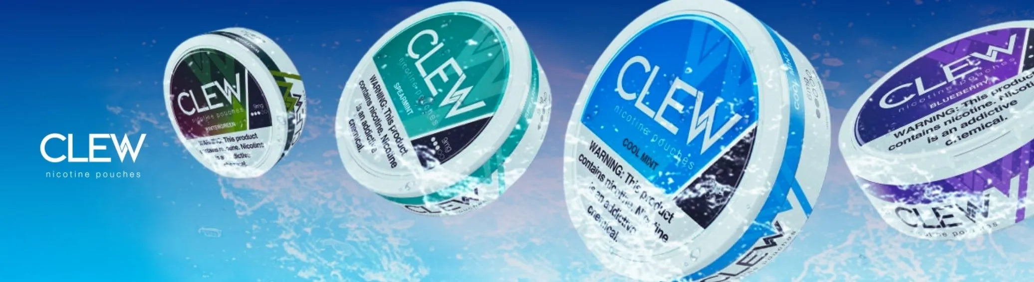 CLEW nicotine pouches floating cans with Cool Mint and berry flavors on blue water splash background