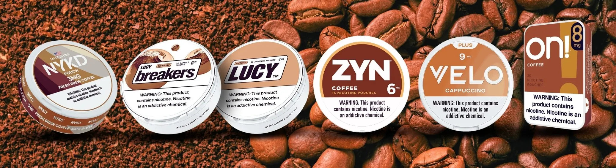 Coffee nicotine pouches from popular brands including ZYN, VELO, Lucy, On! and NYKD displayed with roasted coffee beans background.