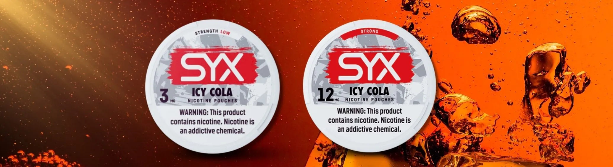 Cola nicotine pouches in the USA featuring SYX Icy Cola 3mg and 12mg cans displayed on a fizzy cola splash background.