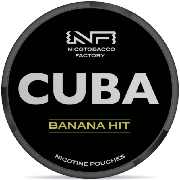 Front view of a can of CUBA Black Banana Hit nicotine pouches