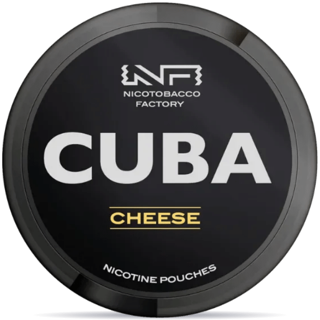 Front view of a can of CUBA Black Cheese nicotine pouches