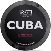 Front view of a can of CUBA Black Cherry nicotine pouches