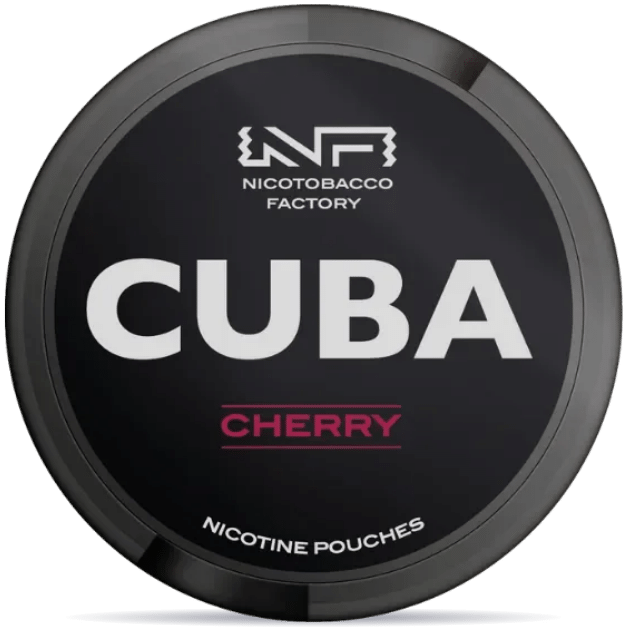 Front view of a can of CUBA Black Cherry nicotine pouches